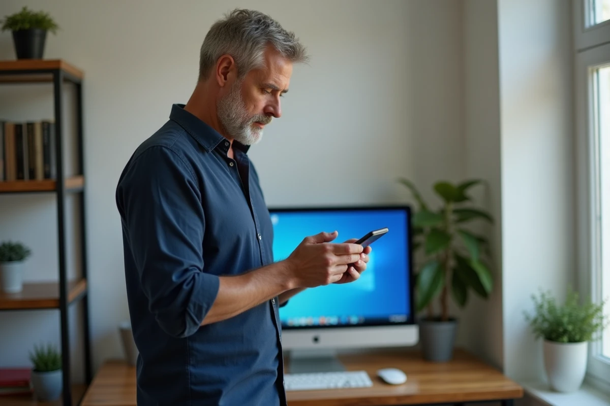 Homme utilisant son smartphone pour payer une facture mobile Free dans un bureau à domicile
