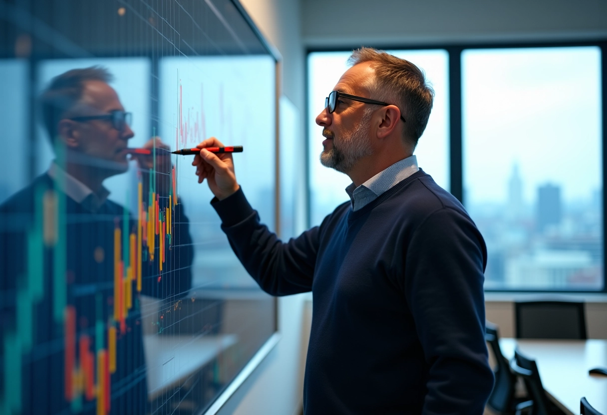 Homme en conférence expliquant un graphique coloré