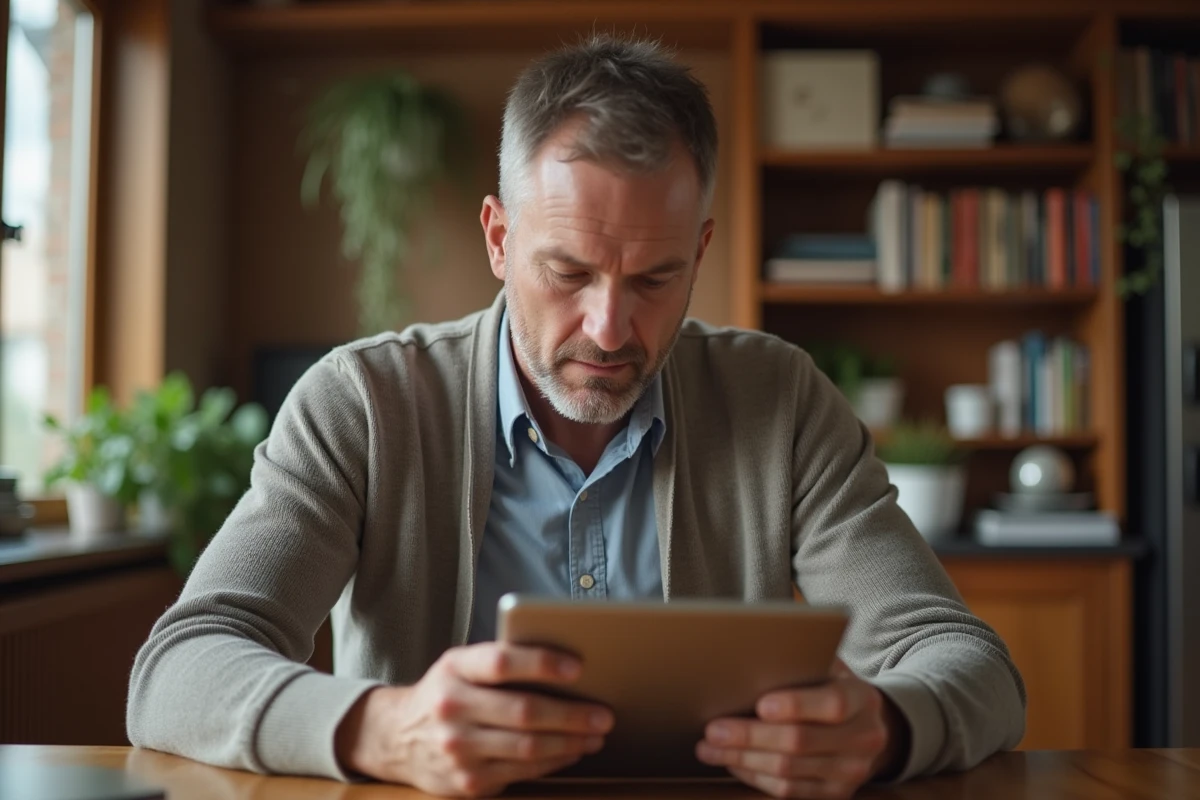 Homme d âge moyen utilisant une tablette à la maison