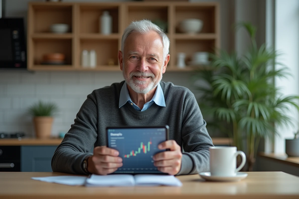 Homme senior avec tablette et tableau financier