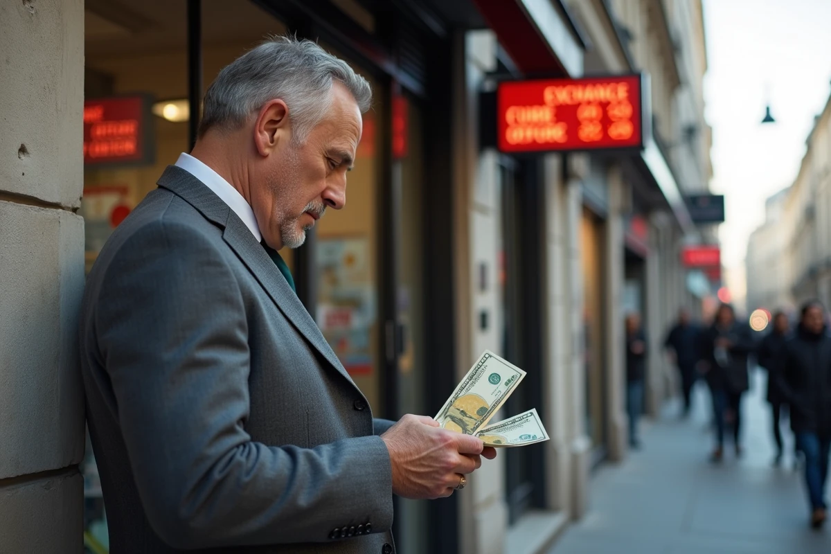 Homme regardant le tableau de change en rue parisienne