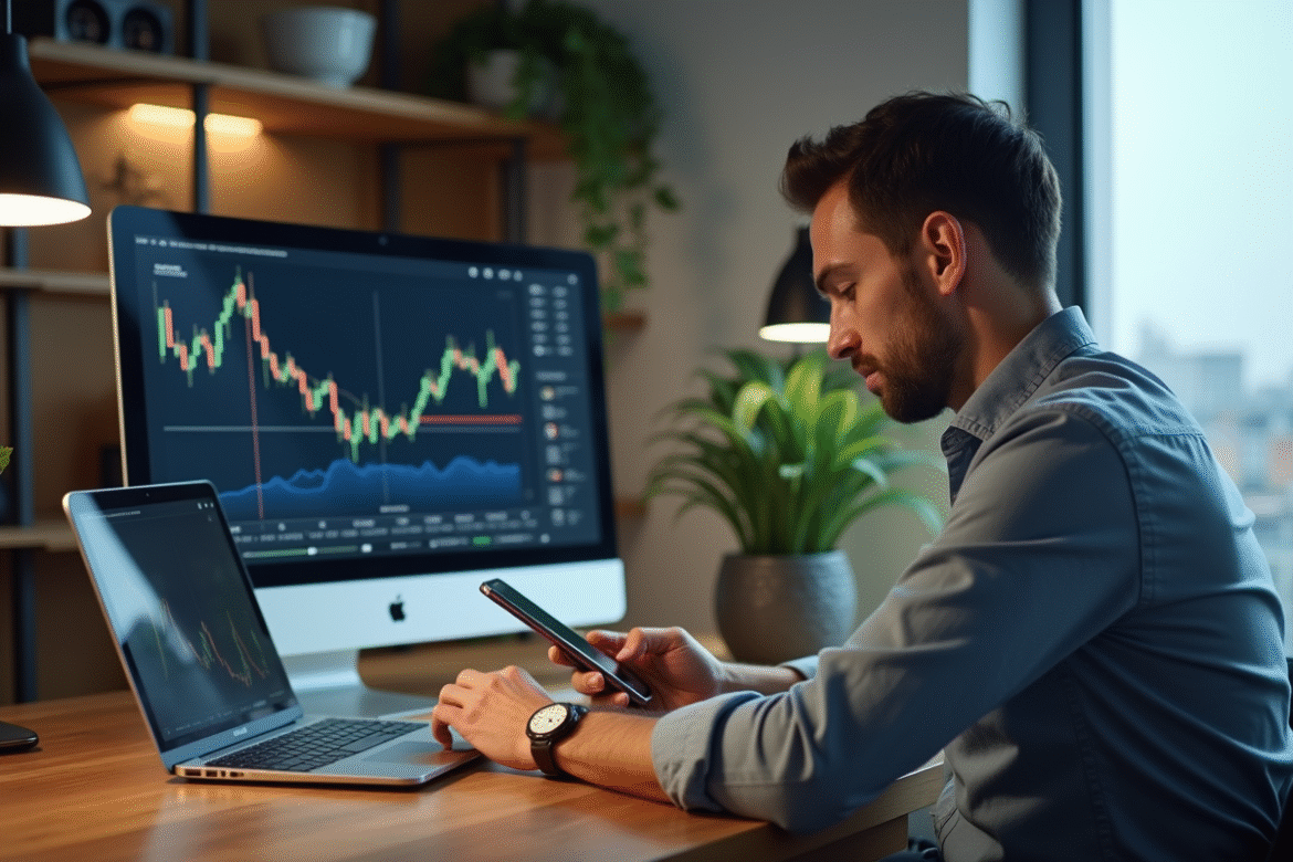 Homme en bureau moderne vérifiant ses cryptomonnaies