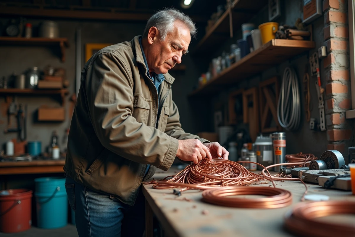 Homme triant des câbles en cuivre dans un garage modeste