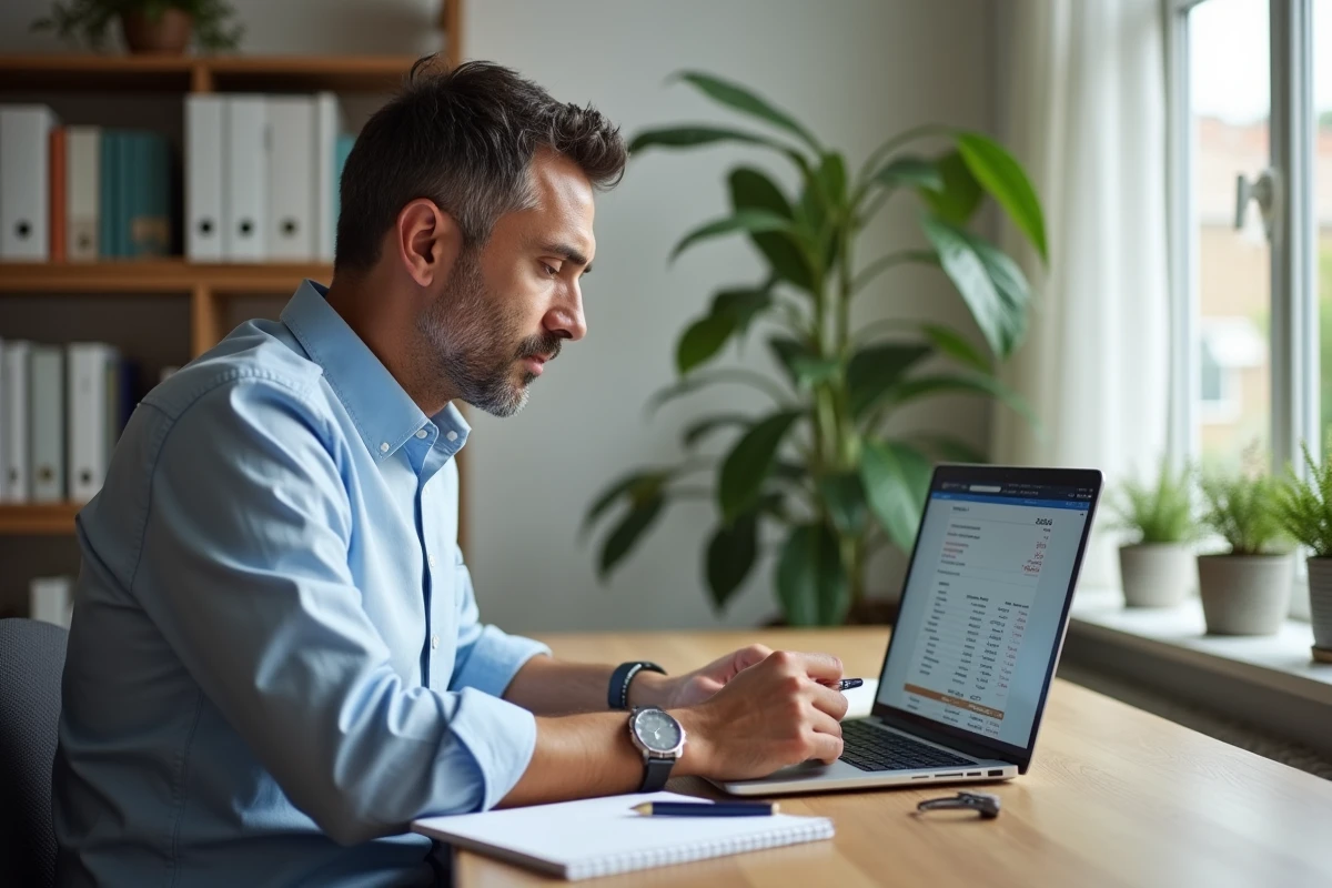 Homme d affaires vérifiant un relevé bancaire sur son ordinateur