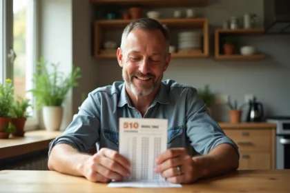 Homme d'âge moyen vérifiant un ticket EuroMillions à la maison