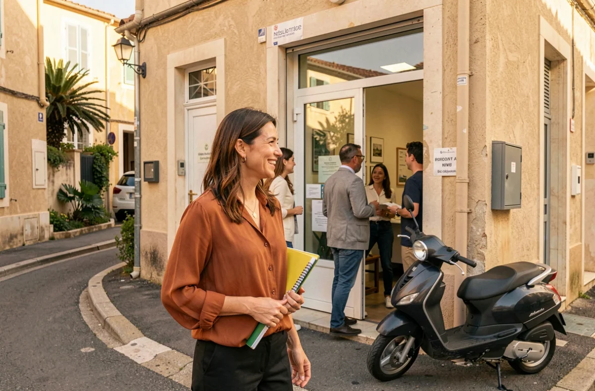 Courtière Immopret Nice accueillant des clients à l'entrée d'une agence de proximité dans un quartier niçois