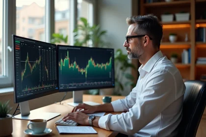 Investisseur particulier analysant des données sur le dinar algérien (DZD) sur un double écran dans un bureau moderne