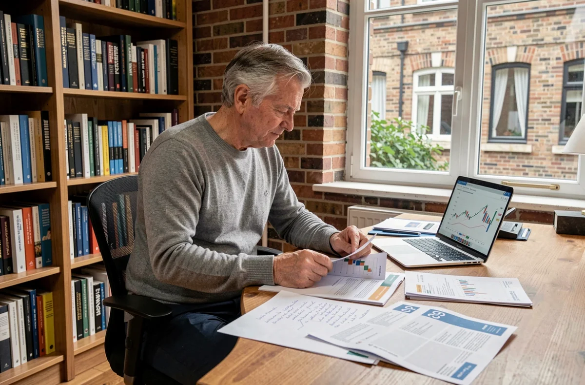 Investisseur particulier analysant des documents SCPI du CIC depuis son bureau à domicile