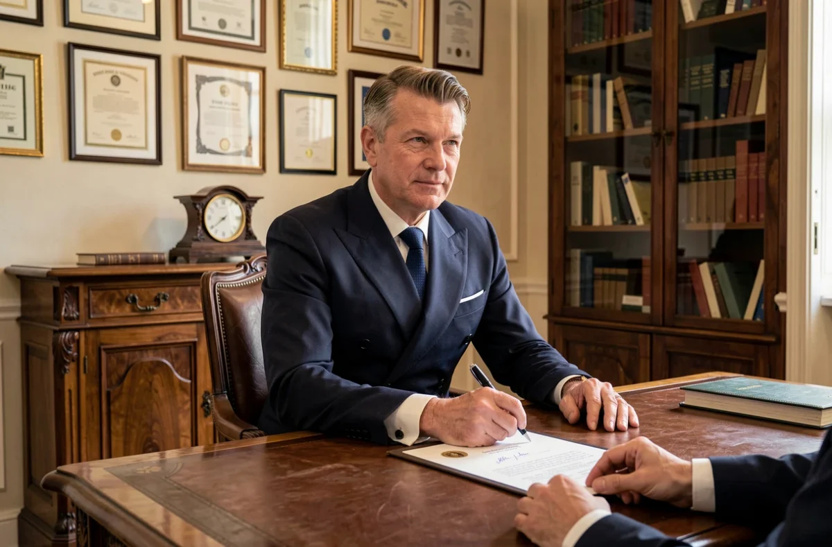 Conseiller patrimonial Jeanbrun Patrimoine signant un contrat d'investissement dans un bureau classique au décor raffiné