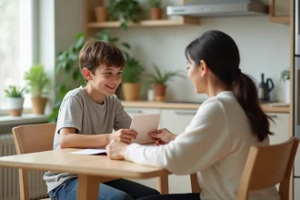 Jeune adolescent recevant une enveloppe de sa mère dans la cuisine