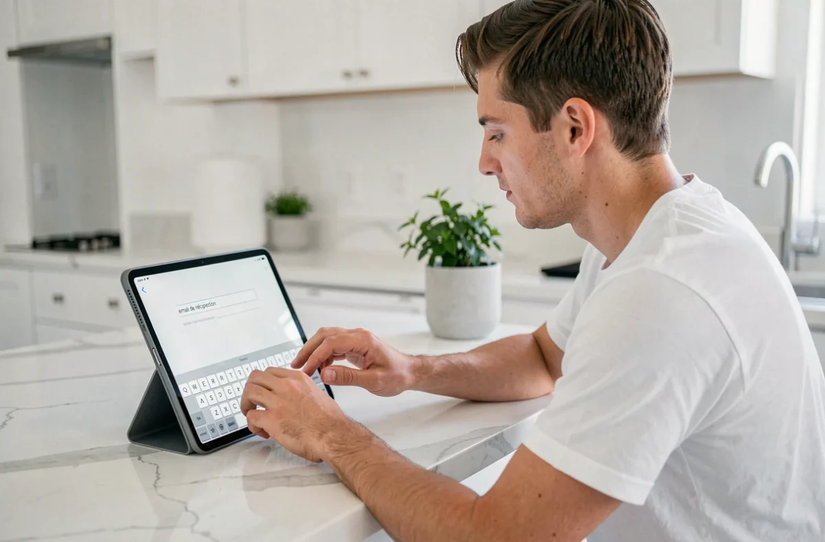 Jeune adulte utilisant une tablette dans une cuisine moderne pour récupérer un mot de passe oublié et accéder à son espace CA22