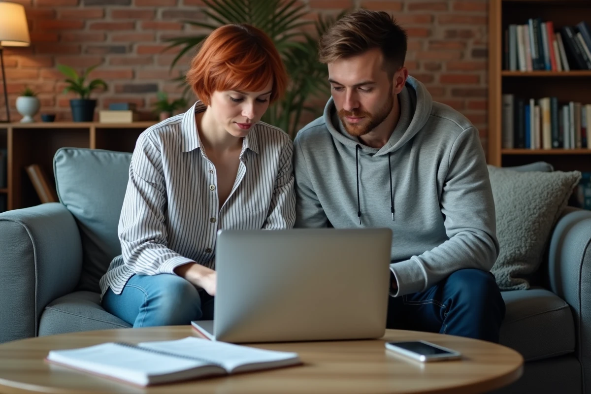 Jeune couple à petits revenus comparant les offres et tarifs La Banque Postale sur internet