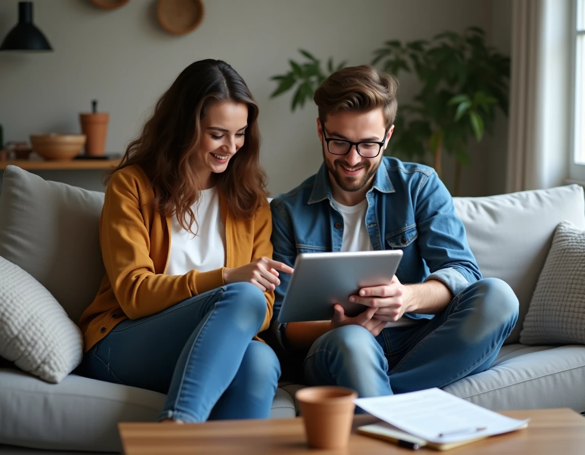 Jeune couple consultant un simulateur d'aides sociales sur une tablette dans leur salon avec des documents CAF posés sur la table basse