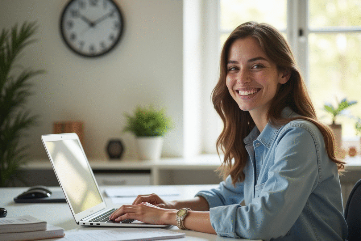 Jeune femme souriante travaillant dans un bureau lumineux