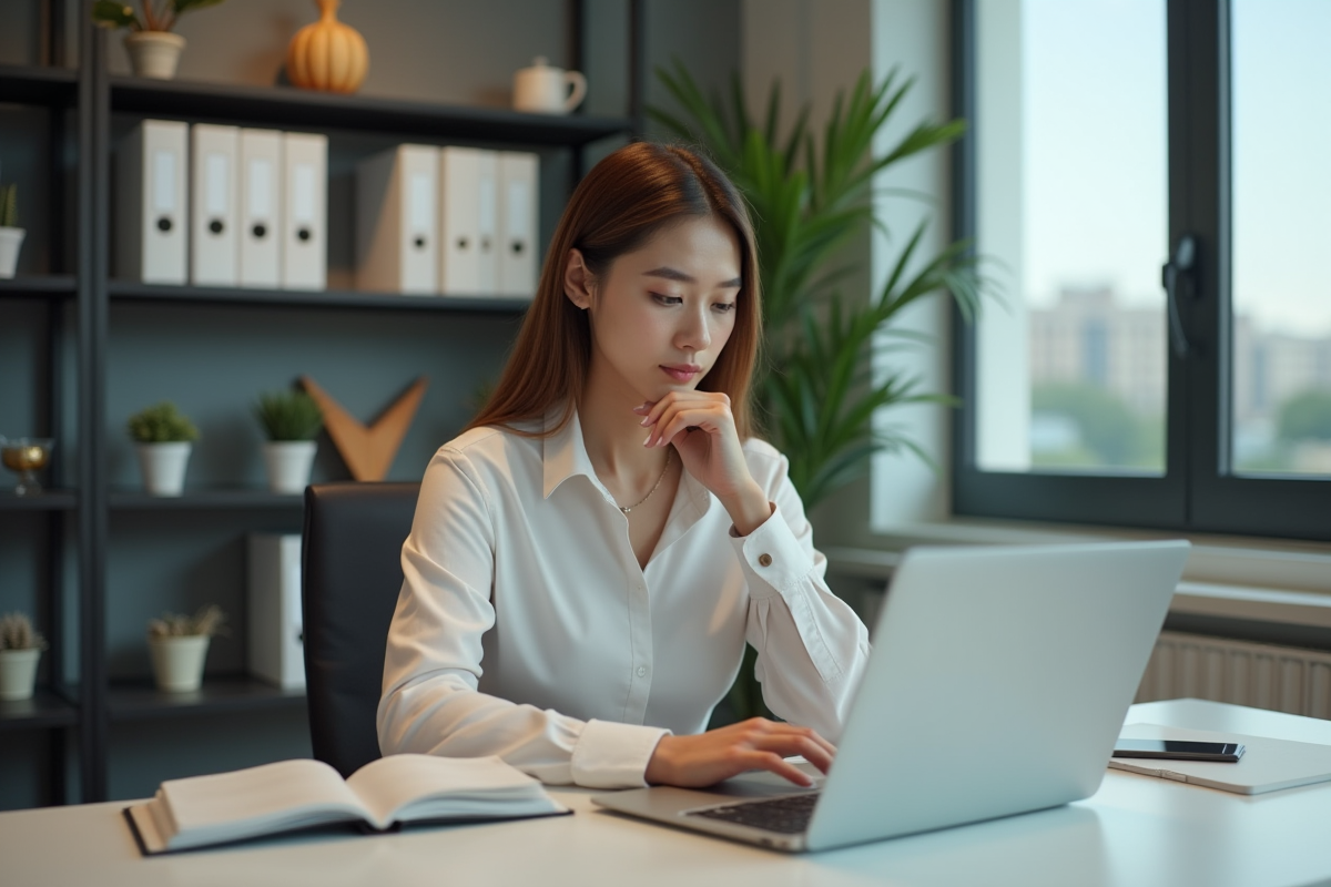 Jeune femme en tenue décontractée travaille sur son ordinateur au bureau