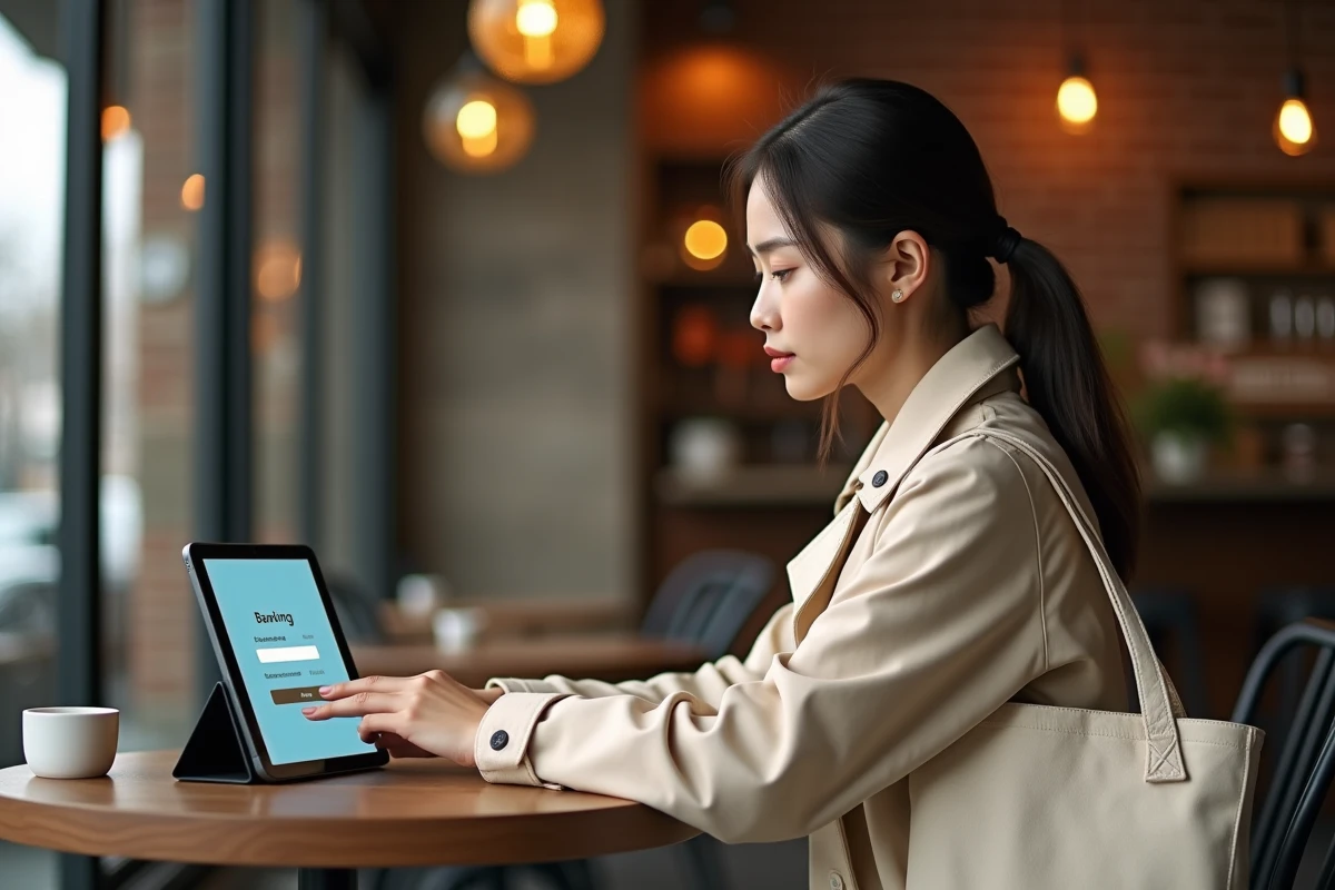 Jeune femme se connectant à son espace client La Banque Postale sur tablette dans un café