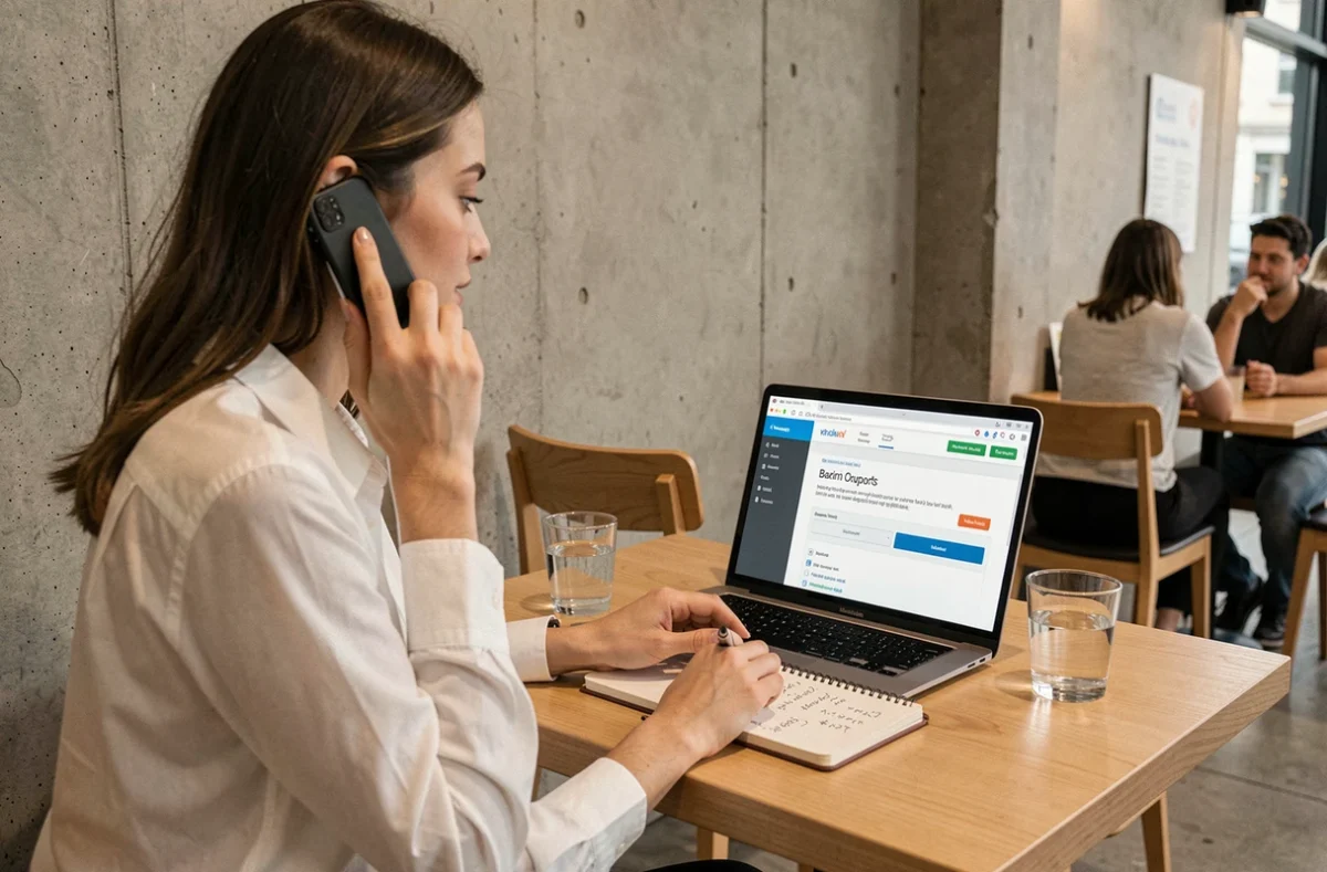 Jeune femme en téléconsultation avec le SAV Boursorama dans un café pour résoudre un litige de frais bancaires