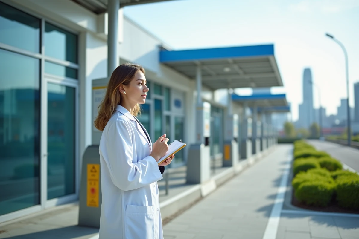 Jeune ingénieure observe station d