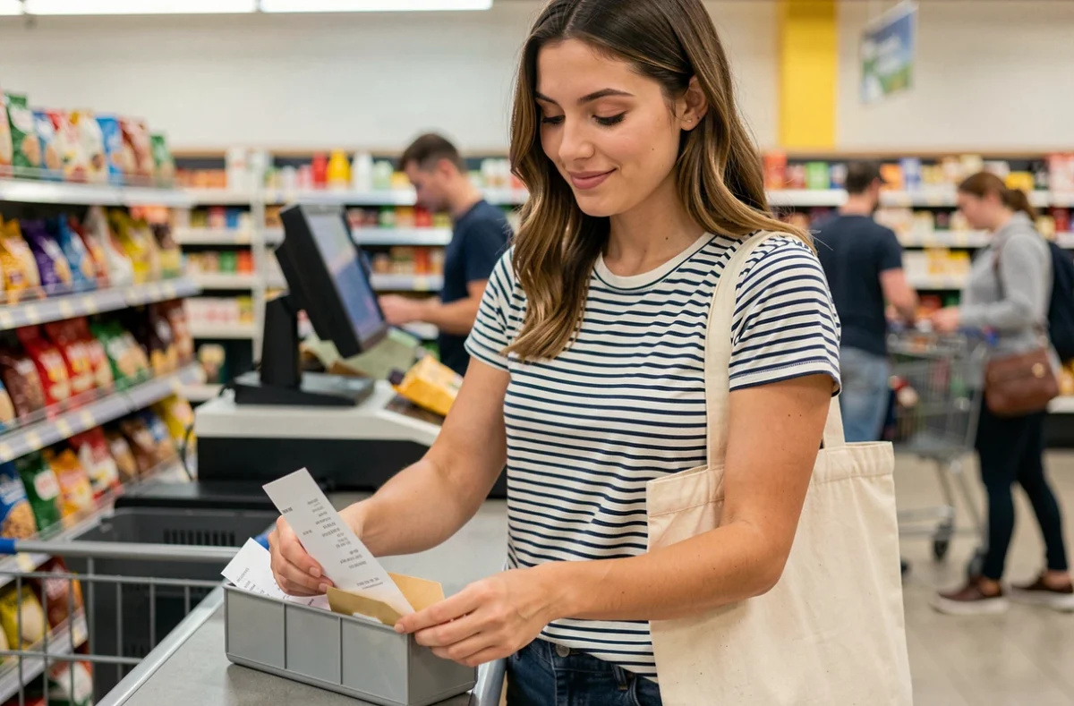 Jeune femme organisant ses tickets de caisse en supermarché pour maximiser ses remboursements Quoty