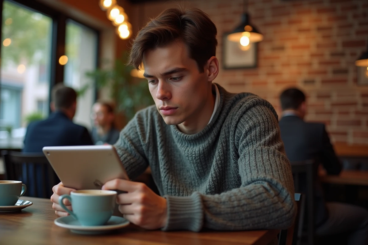 Jeune homme au café regardant son tablette