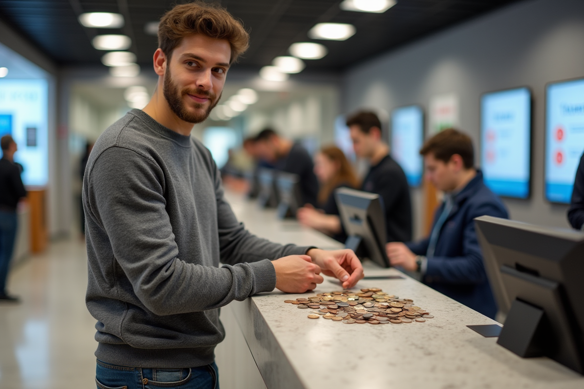 Jeune homme comptant des pièces dans une banque urbaine