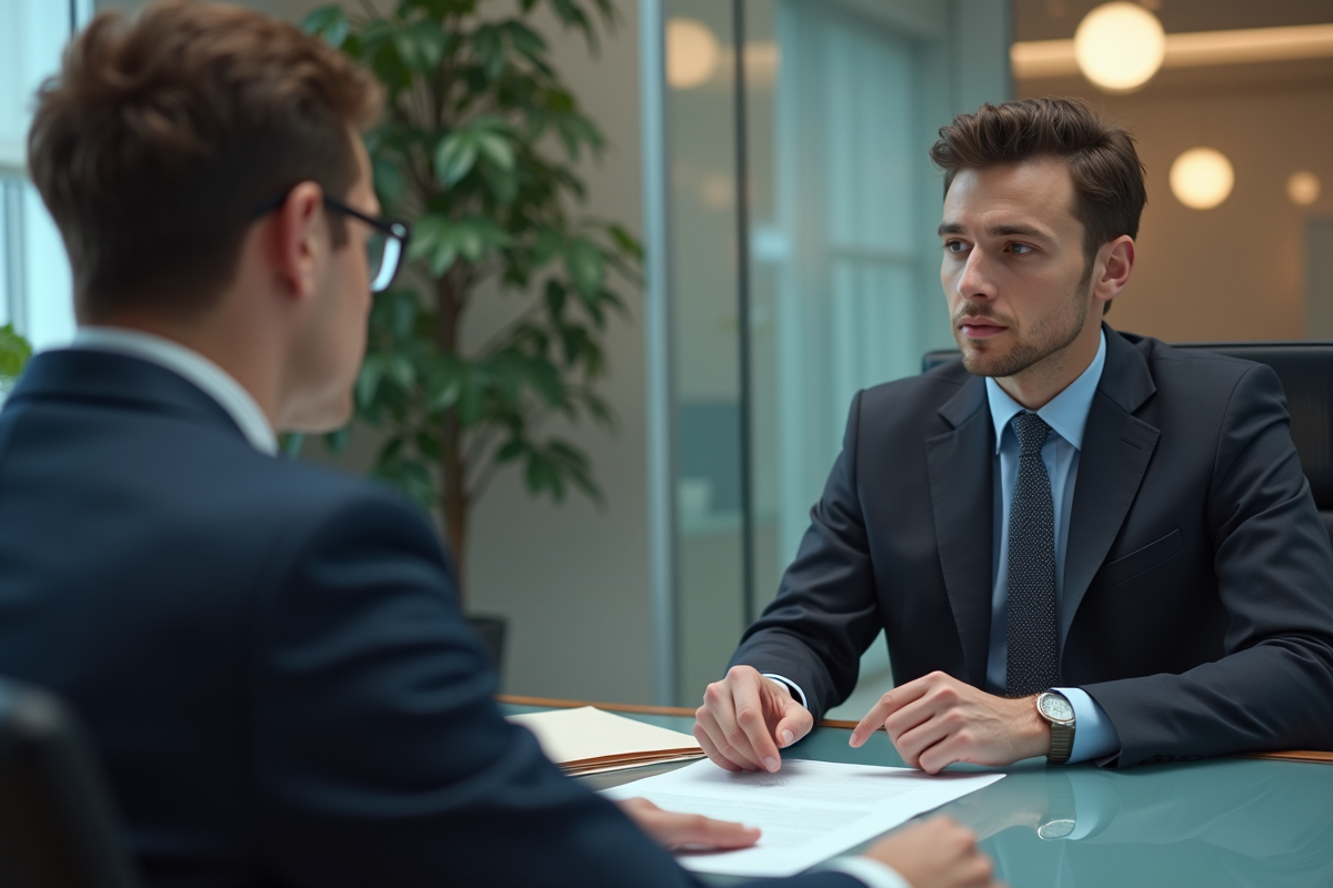 Jeune homme en costume écoute un conseiller bancaire dans un bureau