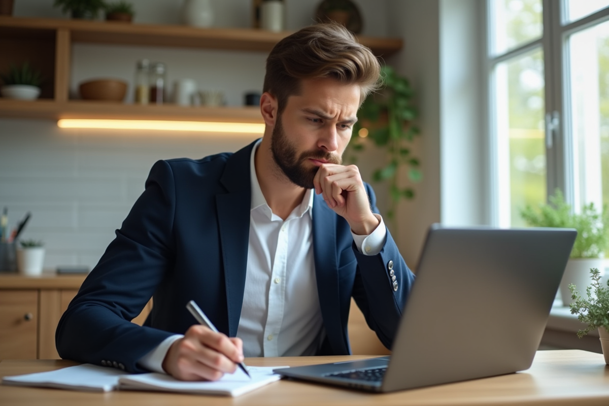 Jeune homme concentré vérifiant graphiques crypto sur son ordinateur