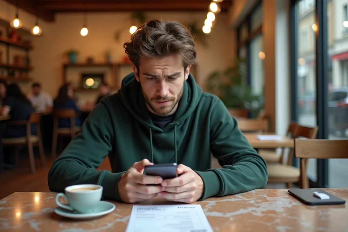 Jeune homme consultant sa fiche de paie luxembourgeoise dans un café avec calculatrice sur smartphone