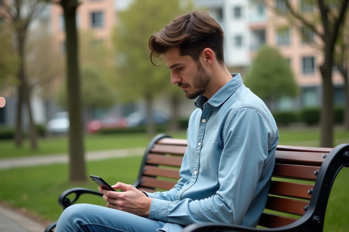 Jeune homme assis sur un banc dans un parc urbain