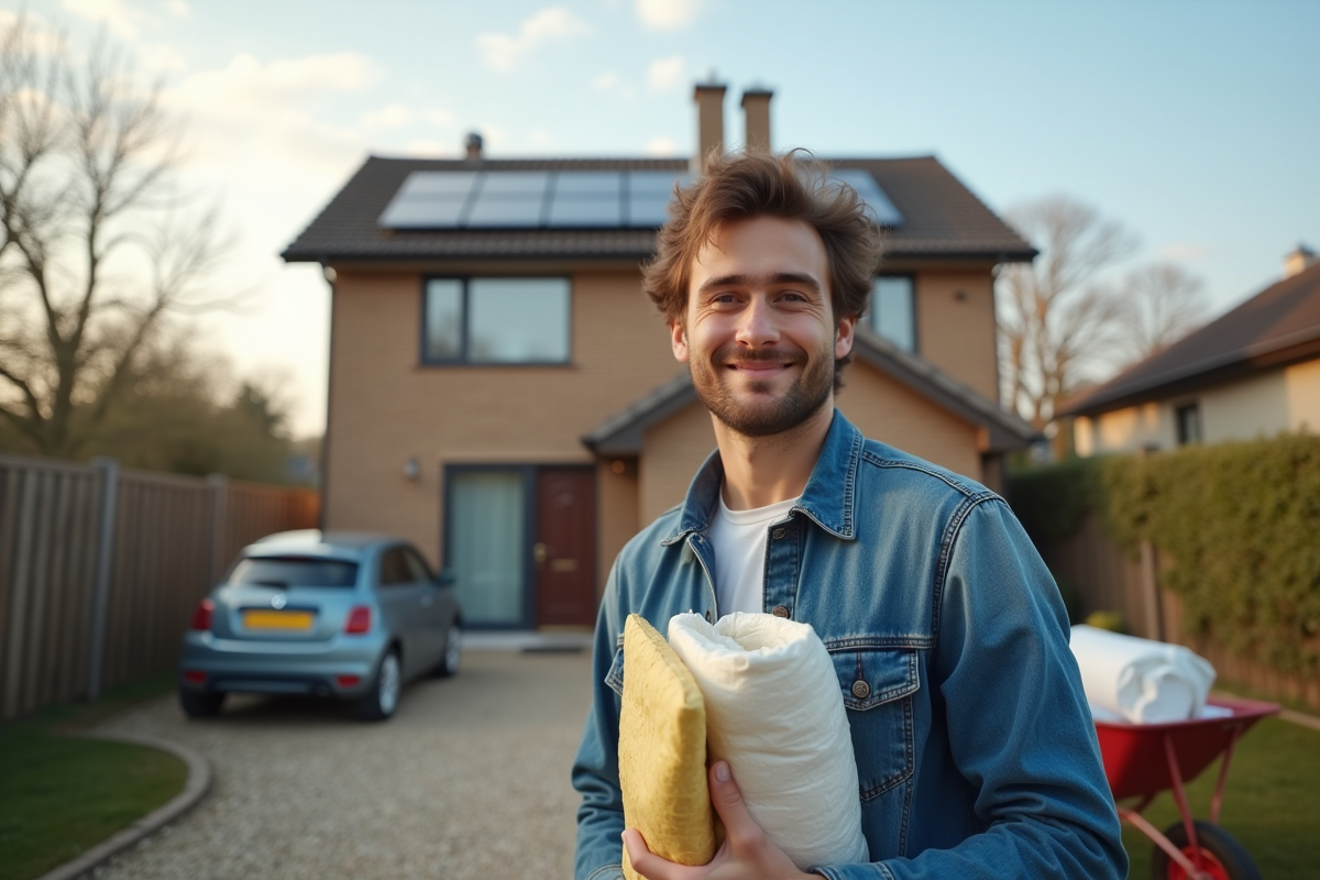 Jeune homme avec isolation devant maison rénovée écologique