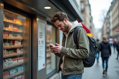 Jeune homme regardant un paquet de cigarettes en ville