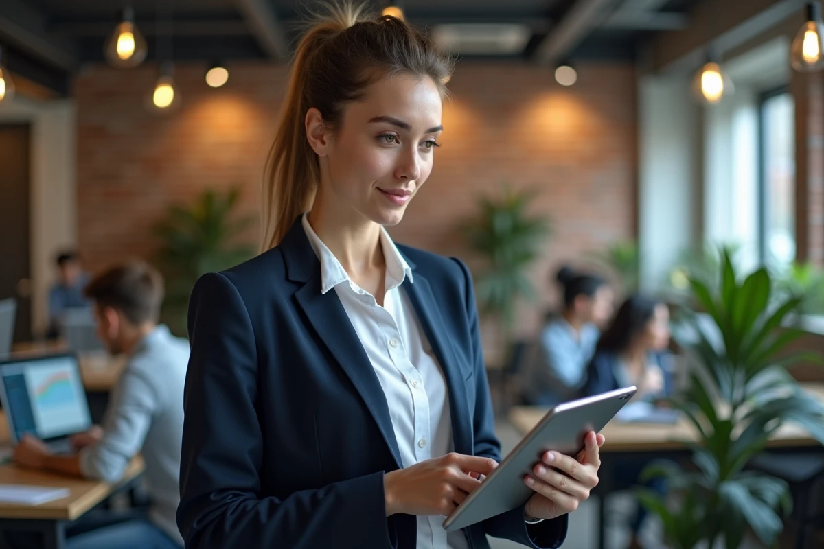 Jeune investisseuse consultant des graphiques sur le DZD sur une tablette dans un espace de coworking