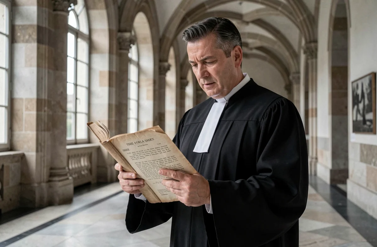 Avocat de Kohen Avocats en robe noire consultant un dossier juridique immobilier dans un couloir de palais de justice