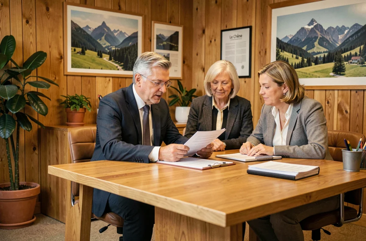 Le courtier du cabinet Le Chêne reçoit un couple dans un bureau chaleureux aux tons bois du Jura