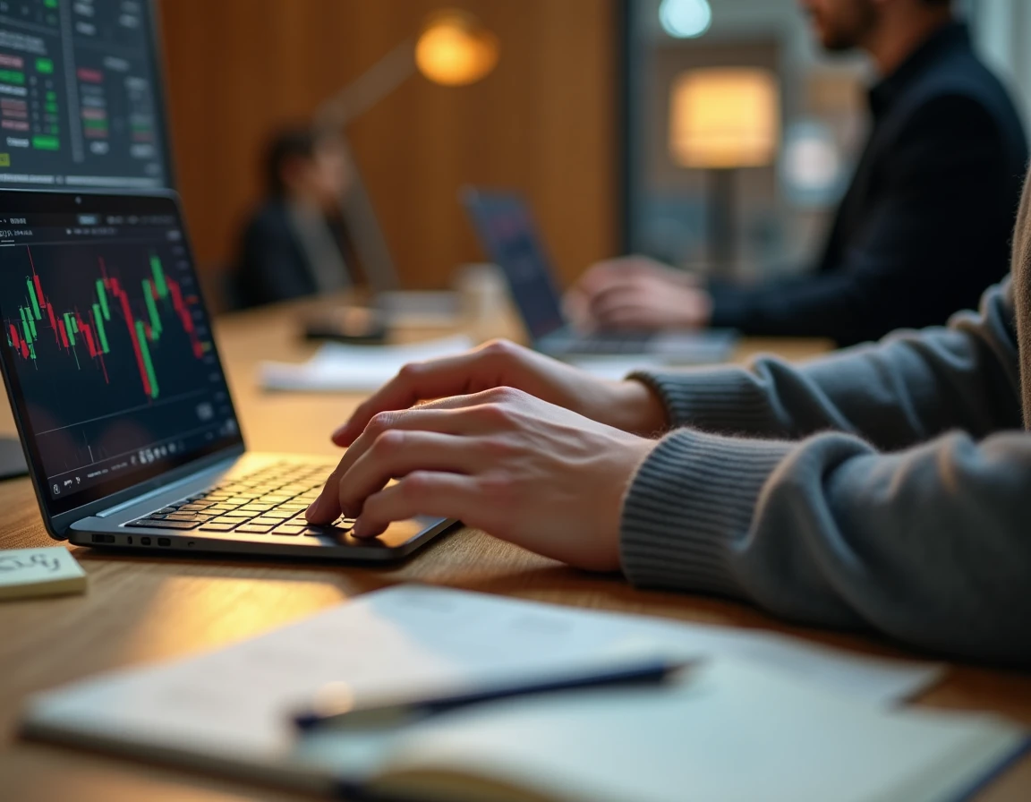 Mains d'un trader intraday forex sur clavier avec journal de trading manuscrit et graphique sur smartphone