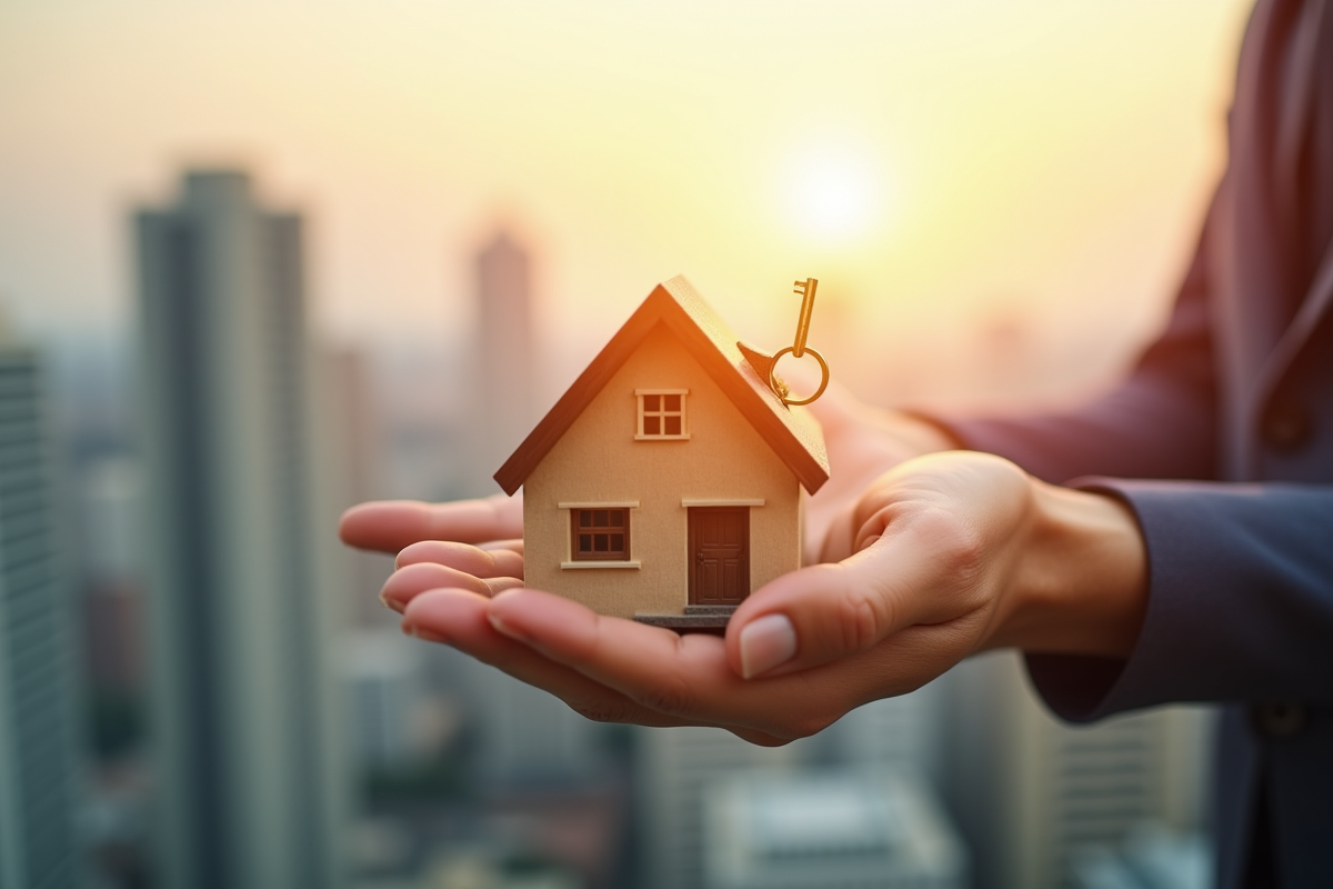 Mains tenant une maison miniature et une clé dorée