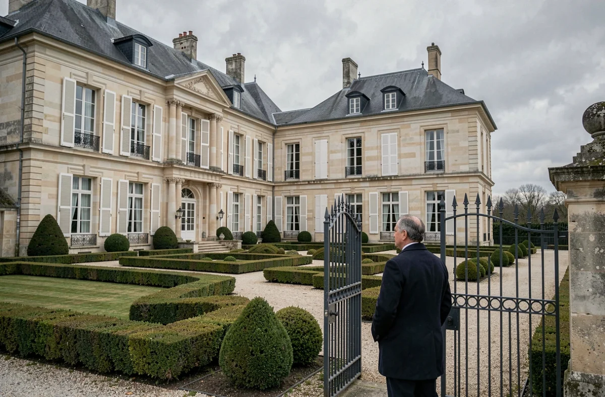 Manoir familial français avec un homme contemplant l'héritage architectural et patrimonial d'une grande fortune