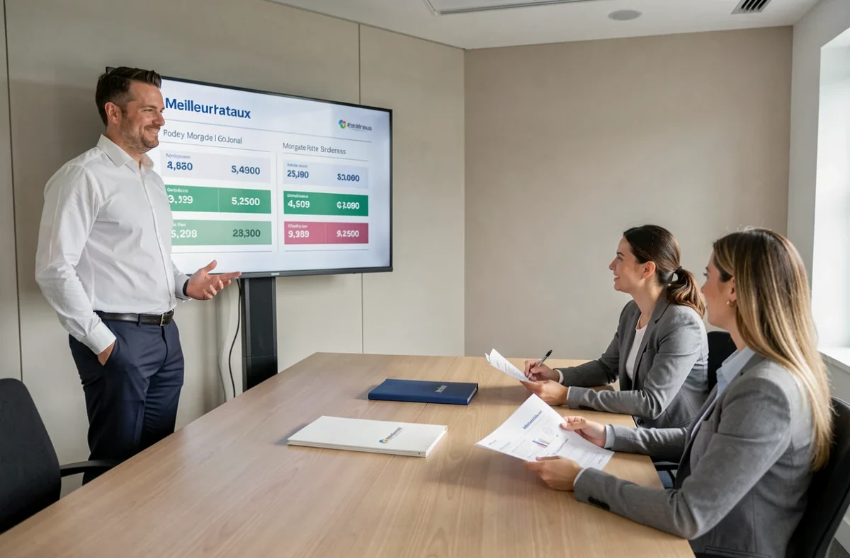 Un conseiller de l'antenne Meilleurtaux dans le Jura présente une comparaison de taux immobiliers à des clients