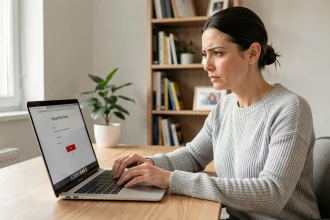 Femme devant un ordinateur portable tentant de réinitialiser un mot de passe oublié sur un formulaire en ligne