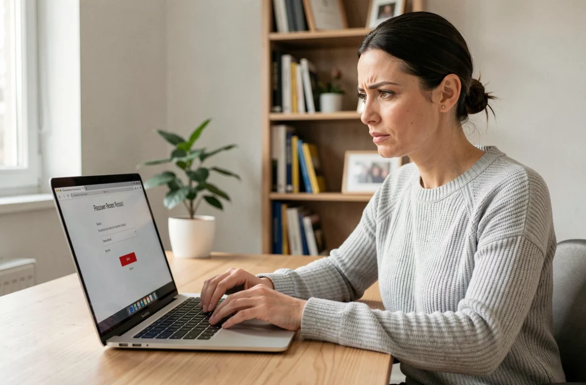 Femme devant un ordinateur portable tentant de réinitialiser un mot de passe oublié sur un formulaire en ligne