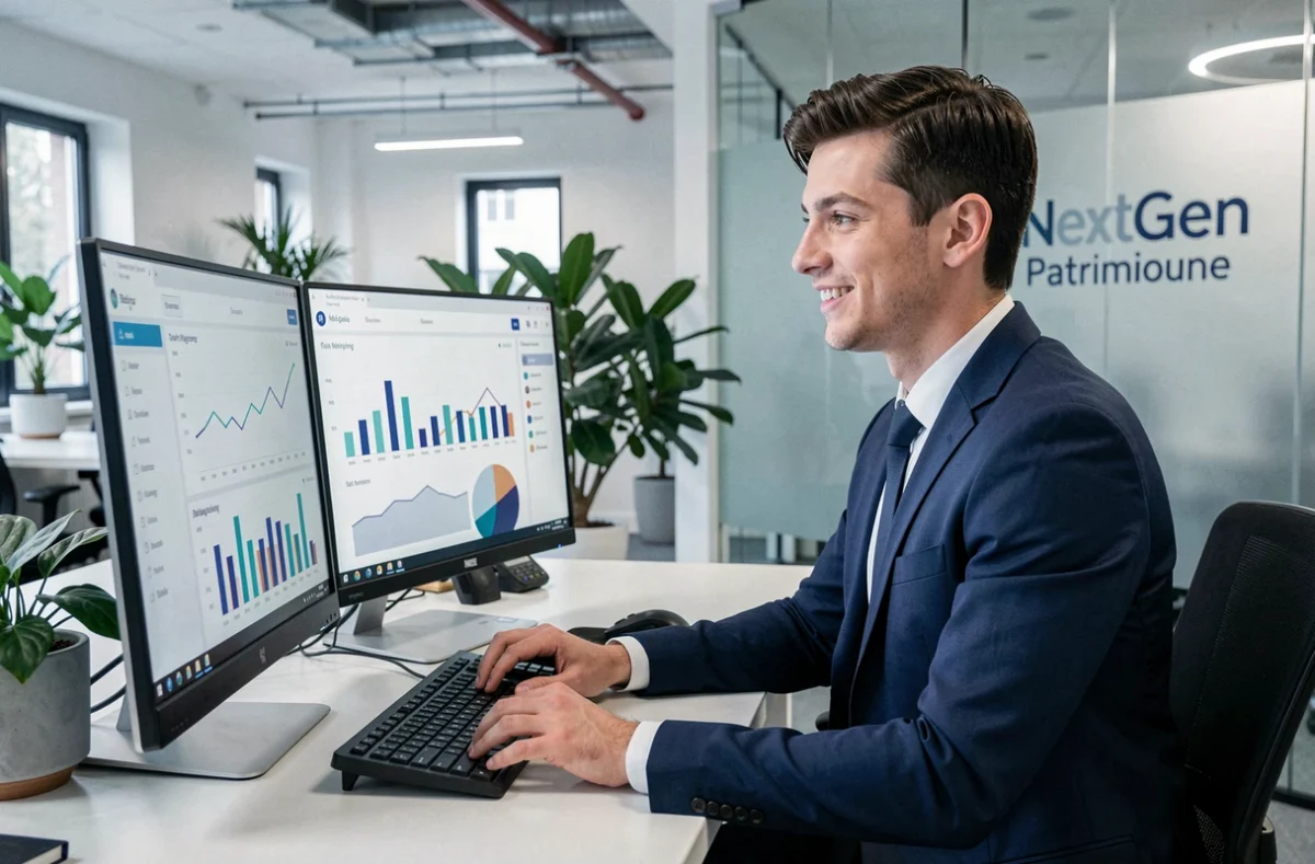 Un jeune conseiller NextGen Patrimoine en Moselle travaille sur des outils digitaux de gestion de patrimoine