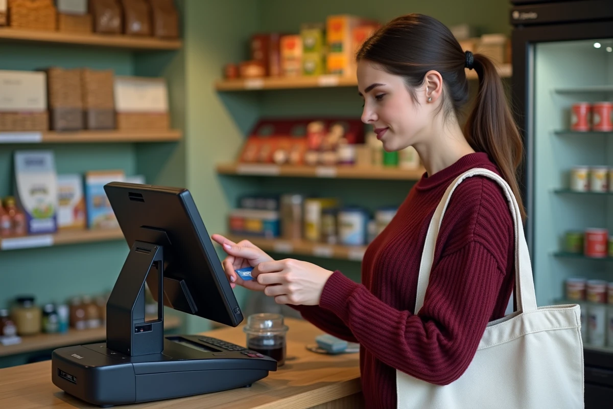 Jeune femme payant par carte bancaire dans une épicerie de Dublin
