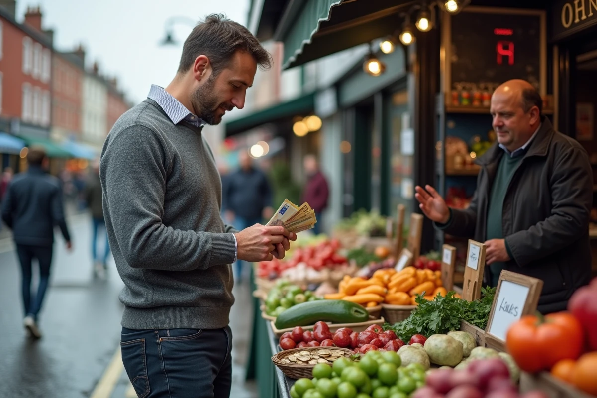 Homme payant en espèces euros sur un marché de plein air à Dublin