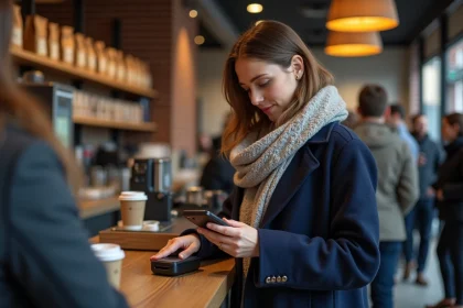 Femme payant avec son smartphone par paiement sans contact dans un café de Dublin