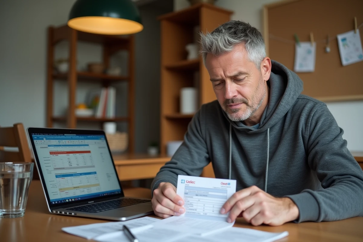 Père de famille organisant des chèques différés Leclerc et des reçus pour planifier le budget des courses