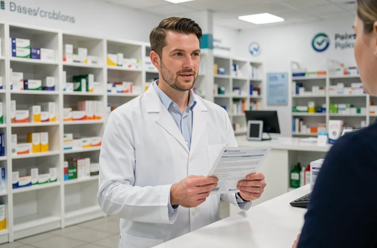 Pharmacien conseillant un client sur les garanties d'une mutuelle santé en officine