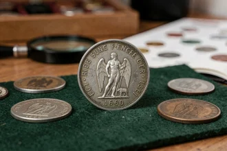 Pièce de 5 francs 1960 avec patine naturelle posée sur un tapis de feutrine verte, entourée de monnaies de collection anciennes sur un bureau d'expert numismate
