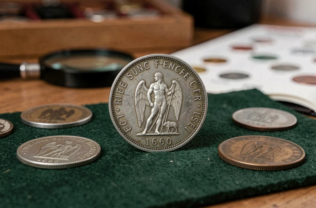 Pièce de 5 francs 1960 avec patine naturelle posée sur un tapis de feutrine verte, entourée de monnaies de collection anciennes sur un bureau d'expert numismate