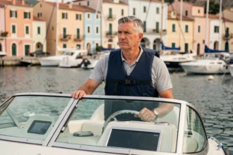 Plaisancier en gilet de sauvetage tenant la barre d'un bateau à moteur dans un port méditerranéen