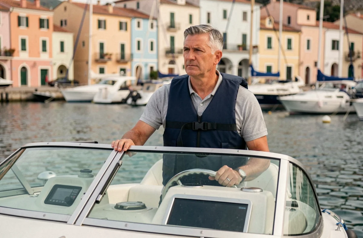 Plaisancier en gilet de sauvetage tenant la barre d'un bateau à moteur dans un port méditerranéen